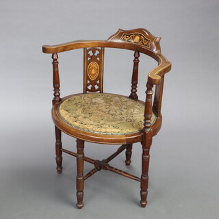 An Edwardian inlaid mahogany tub back chair with oval seat, raised on turned supports with X framed stretcher 73cm x 62cm x 46cm (seat 38cm x 34cm) 