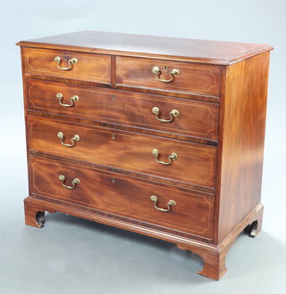 A Georgian inlaid mahogany (oak lined) chest of 2 short and 3 long drawers with brass swan neck drop handles, raised on bracket feet 92cm h x 105cm w x 54cm d  