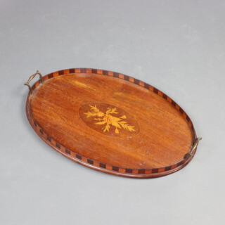 An Edwardian oval inlaid mahogany twin handled tea tray, decorated flowers 4cm h x 60cm w x 37cm d 