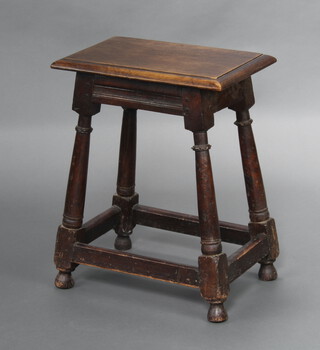A rectangular Victorian oak joined stool raised on turned and block supports with box frame stretcher 54cm h x 43cm w x 28cm d 
