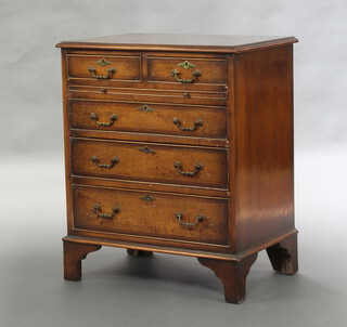 A Queen Anne style walnut chest with quarter veneered and crossbanded top, fitted 2 short drawers above brushing slide and 3 long drawers with gilt swan neck drop handles, raised on bracket feet 84cm h x 69cm w x 48cm d 
