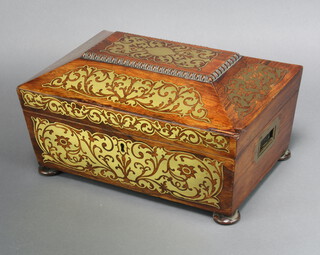 A William IV rosewood and inlaid brass work box of sarcophagus form with hinged lid, raised on bun feet with plush fitted interior 17cm h x 33cm w x 23cm d 