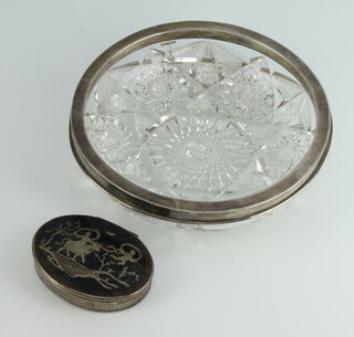 A white metal and tortoiseshell snuff box 8cm together with a Sterling mounted glass dish (a/f) 