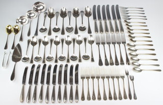 An 800 standard and part plated canteen of beaded cutlery comprising 8 tablespoons, 12 dessert spoons, 6 tea spoons, 6 coffee spoons, 1 large ladle, 1 small ladle, 6 cake forks, 9 dessert forks, 6 dinner forks, 2 serving spoons, a sauce ladle, silver plated fork, 800 standard nips, plated cake slice and 6 dinner knives and 10 dessert knives (handles only 800 standard), 2300 grams  
