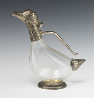 A novelty glass and plated mounted ewer in the form of a duck 25cm  