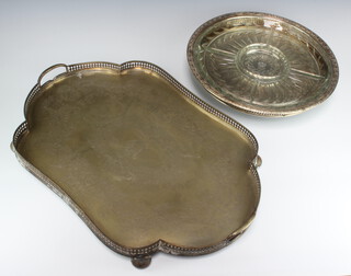 An Edwardian silver plated galleried 2 handled tray (ex plated) 58cm together with a plated Lazy Susan with glass inserts 