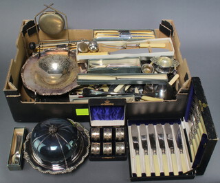 A silver plated muffin dish and cover, minor plated cutlery etc 