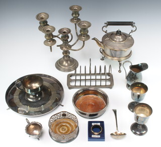 A silver plated 5 light candelabrum a tea kettle on stand and minor plated wares
