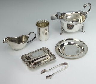 A silver plated sauce boat and minor plated wares