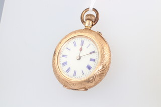 A lady's Edwardian 14k fob watch with enamelled dial contained in a 32mm case 