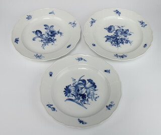 Three 19th Century Meissen blue and white plates decorated with flowers and insects 25cm 