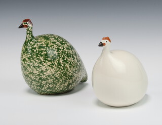 Two La Pintade ceramic guinea fowl, one white glazed, one mottle green glazed 16cm and 18cm  