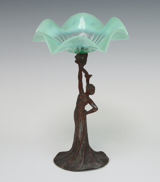 An Art Nouveau soft metal stand of a lady supporting a vaseline glass dish 21cm 