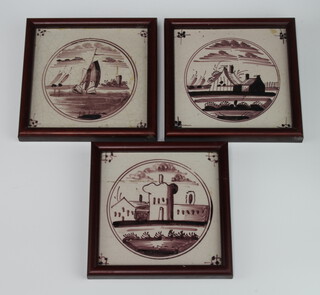 Three 19th Century Delft ochre tiles decorated with buildings and boats, framed 13cm 