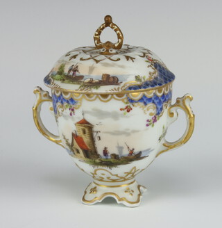 A 19th Century German 2 handled cup and cover decorated with buildings, ships and figures 10cm 