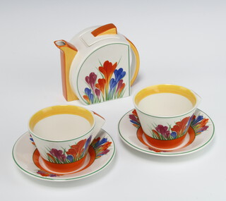 A Wedgwood Clarice Cliff crocus pattern "Tea for Two" teapot no.03709A and 2 ditto tea cups and saucers 01344C and 01342C, boxed 