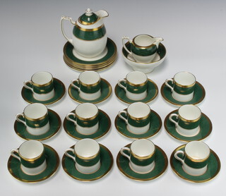 A Coalport Athlone Green pattern coffee set with green and gilt banding comprising coffee pot, 12 coffee cans (1 a/f, 1 is a second), 12 saucers (1 a/f) and milk jug (a/f)  