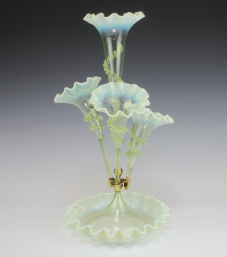 A Victorian vaseline glass epergne with 4 fluted holders 52cm 