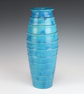 Otto Douglas-Hill (1897-1972), a cylindrical blue segmented crackle glazed vase 37cm