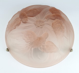 A Jobling Art Deco pink glass light fitting, circa 1933 decorated with birds of paradise 34cm diam. impressed Reg. 787871 
