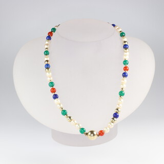 A bead necklace comprising agate, cultured pearls, malachite and hardstone with a yellow metal 585 ball clasp, 43cm