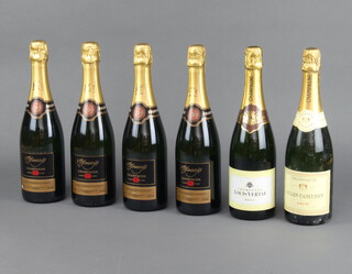 Four bottles of The Wine Society champagne, a bottle of Jules Camuset champagne and a bottle of Louis Vertay champagne