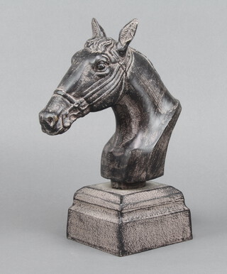 A 20th Century cast metal head and shoulders portrait bust of a horse, raised on a square base 29cm x 12cm cm 