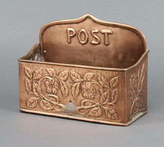 A Newlyn style rectangular embossed copper wall mounted post tray 19cm h x 25cm w x 10cm d 