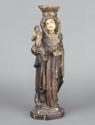 An 18th Century carved and painted wooden figure of the standing Virgin Mary and The Infant Christ 34cm h x 11cm w x 6cm d 