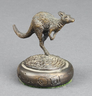 Eddie Hackman born 1933, a bronze figure of a kangaroo raised on a circular base 4cm x 3cm 