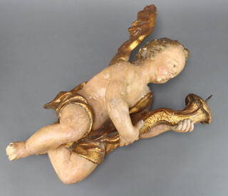 A 17th/18th Century carved and painted limewood candle sconce in the form of a putto 52cm h x 27cm w x 17cm d 