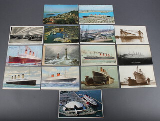 A coloured postcard of The White Star Line RMS Olympic, ditto RMS Majestic, Cunard Line Mauretania, black and white postcard of HMHS Mauretania, coloured postcard of SS Olympic in floating dry dock at Southampton, photograph of RMS Berengaria in floating dock, 2 coloured postcards Queen Mary and Queen Elizabeth and 17 other postcards
