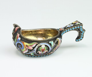 An early 20th century Russian 875 standard silver and cloisonne enamel Kovsch, the black ground decorated with flowers, impressed marks, maker probably Maria Semenova, 46.8 grams 