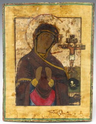 Early 20th Century icon, oil on panel, study of The Virgin Mary, with Christ on the cross crucified 28cm x 21cm 
