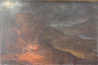 19th Century Continental oil on board unsigned, figures beside a campfire in a moonlit extensive landscape 17cm x 25cm 