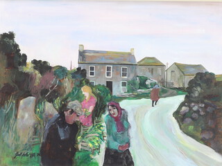 ** Gill Watkiss (born 1938), oil on board signed and dated '75, daffodil pickers in a country lane, reverse inscribed "Nanquidno" 45cm x 60cm   ** PLEASE NOTE - Works by this artist may be subject to Artist's Resale Rights 