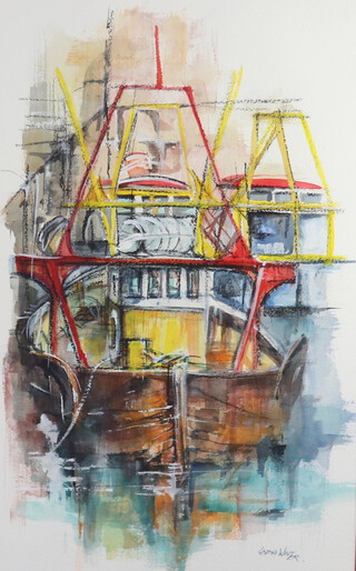 Linda Winter, mixed media signed in pencil, study of moored boats 70cm x 42cm 