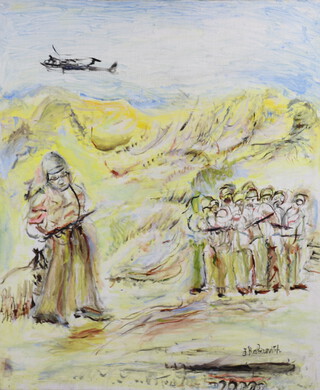 Zeldine Rabinovitch 1907-1999, oil on canvas study of Japanese soldier and a group of soldiers with helicopter flying overhead labels on verso 73cm x 60cm 