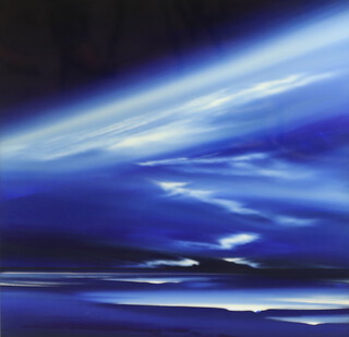 Jonathan Shaw, acrylic oil on glass, "Blue Sky" atmospheric seascape, label on verso 