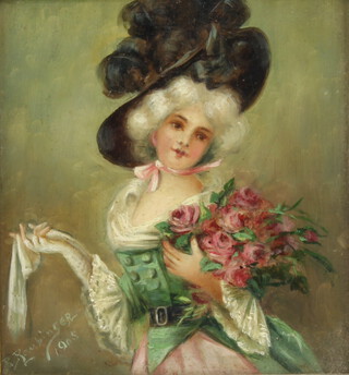 B Raubinger 1905 oil painting on board, indistinctly signed and dated, study of a lady holding a bouquet of flowers 13cm x 11.5cm 