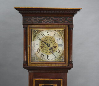 An 8 day striking on bell longcase clock with 20cm gilt dial, silvered chapter ring and Roman numerals, contained in an inlaid mahogany case with sliding hood, complete with key, pendulum and 2 weights 178cm h x 40cm w x 26cm d  