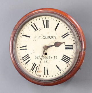 A fusee gut driven wall clock with 12cm brass back place, the 28cm painted dial with Roman numerals and marked F F Curry 267 Tooley Street SE1, contained in a mahogany case, there is no pendulum
