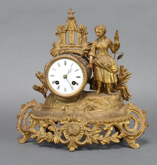 Japy Freres, a French 8 day striking mantel clock with enamelled dial and Roman numerals contained in a gilt spelter case supported by a figure of a standing lady with bird, back plate marked Japy Freres 30cm h x 31cm w x 10cm d complete with pendulum, key and bell 