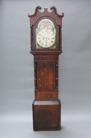 P N J Harlow of Macclesfield, an 18th Century 8 day striking longcase clock, the 36cm arch painted dial with phases of the moon, subsidiary second hand (hand second hand is missing) and date hand, the spandrels painted buildings, contained in an inlaid mahogany case, 224cm h x 57cm w x 25cm d, complete with pendulum but no weights or key   