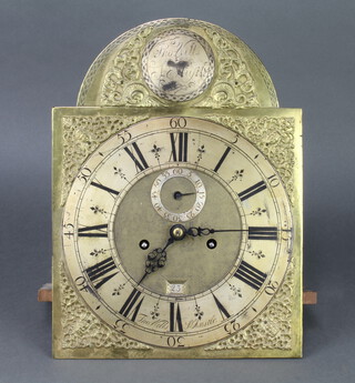 Thomas Wills of St Austell, an 18th Century 8 day striking on bell longcase clock movement, the 36cm silvered arched dial with Roman numerals, minute indicator, calendar aperture, marked Thomas Wills of St Austell, (no pendulum, weights or key) 
