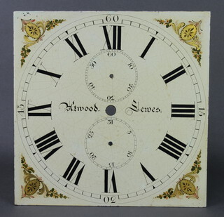 H T Wood of Lewes, an 18th Century square longcase clock dial with gilt spandrels, subsidiary dial with second hand and calendar dial 30cm x 30cm (no hands, dial only)