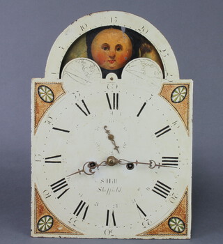 S Hill, Sheffield, an 18th Century 8 day longcase clock movement, the 50cm x 36cm painted dial with phases of the moon, Roman numerals and subsidiary second hand (movement only, no key, weights or pendulum)  