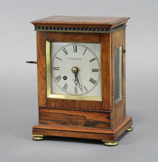 A 19th Century fusee wire driven bracket timepiece with 9cm brass back plate and 9cm cylinder dial with Roman numerals marked Francome of Bath, contained in a rosewood case, raised on gilt bun feet 21cm h x 15cm w x 11cm d, complete with key and pendulum