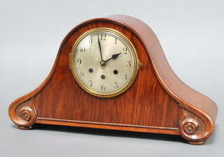 A 1930's Swiss 8 day chiming mantel clock with silvered dial and Arabic numerals contained in a walnut arch shaped case, complete with pendulum and key 28cm x 50cm x 14cm 