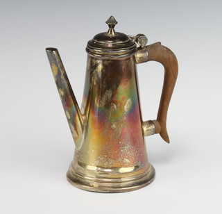 A white metal coffee pot with fruitwood handle, unmarked, 20cm 